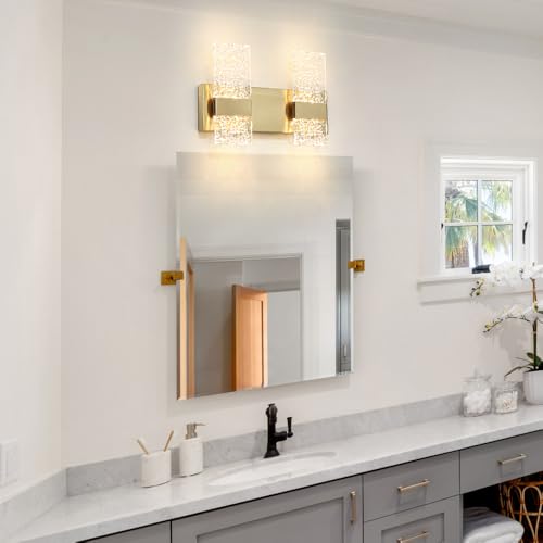 Image of Modern Polished Gold 2 Lights Bathroom Vanity Light, Eleglant LED Bathroom Light Fixtures Over Mirror, Dimmable Acrylic Shade Wall Lighting Fixtures, Hardwired Wall Light(H9.25in, L13.78in)