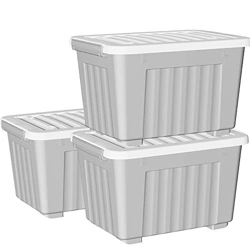 Cetomo 55L*3 Plastic Storage Box,Gray, Tote box,Organizing Container with Durable Lid and Secure Latching Buckles, Stackable and Nestable, 3Pack, with Buckle