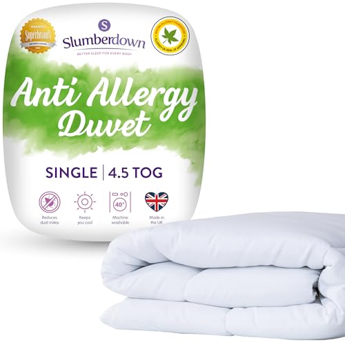 Slumberdown Anti Allergy Single Duvet - 4.5 Tog Lightweight Cool Summer Quilt for Night Sweats - Anti Bacterial, Soft Touch Cover, Hypoallergenic, Machine Washable, Size (135cm x 200cm)