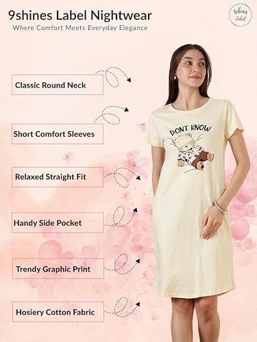 Image of 9shines Label Hosiery Cotton Knee Length Short Night Dress | Short Nighty for Women with Pocket | Graphic Print Nightwear | Night Gown for Women (M-7XL)