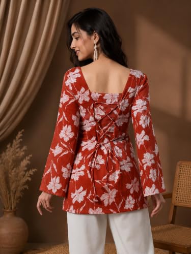 Image of Rayon Floral Print Short Kurti for Women | Square Neck Long Sleeve Top for Women | Criss Cross Back Desing Kurti | Soft Breathable Fabric | Relaxed Fit | Casual and Office Wear
