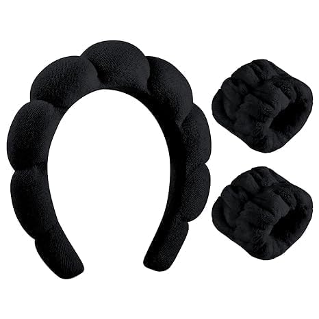 Facial Spa Headband and Wristband Set, Pink Makeup Headband with 2 Wrist Washbands for Face Washing, Skincare, Shower, Makeup Removal, 3 Piece Combo (Black)-image-18