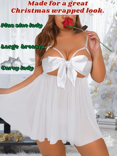 Image of SSoShHub Women Babydoll Lingerie Plus Size Net Chemise Front Ribbon Halter Nightwear Teddy Nightgown Babydoll Lingerie Female Wedding Nightgown bodybikini