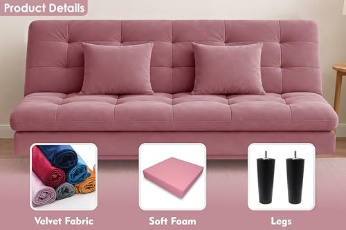 Image of Modern Convertible Three-Seater Futon Sofa Bed with Tufted Sleeper Couch Sofa with Adjustable Backrest- Living Room Furniture - Rose Pink Color