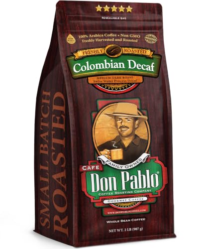 Don Pablo Colombian Decaf - Swiss Water Process Decaffeinated - Medium-Dark Roast Gourmet Coffee - 100% Arabica Whole Bean, Non-GMO, Low Acidity, 907g (2LB) Bag