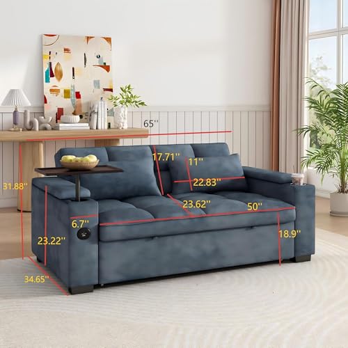 Image of Dreamzie 65'' Convertible Sleeper Sofa Bed with 90 Swivel Side Table, Chenille Pull Out Couch for Living Room, Loveseat Sleeper with Hidden Storage Space | Charging Port | Cup Holders, Blue