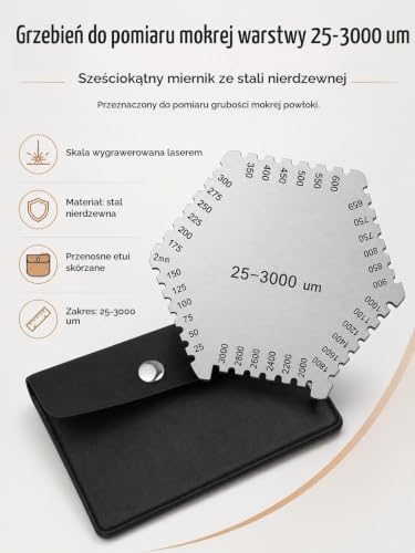 Uadme Grzebień do folii na mokro, stal nierdzewna, 25-3000 µm, precyzyjny miernik grubości sześciokątny, grubościomierz z czarną obudową ochronną do pomiaru grubości warstwy lakieru