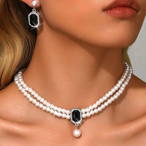 Juego de collar de perlas para bodas y novias con pendientes brillantes 2