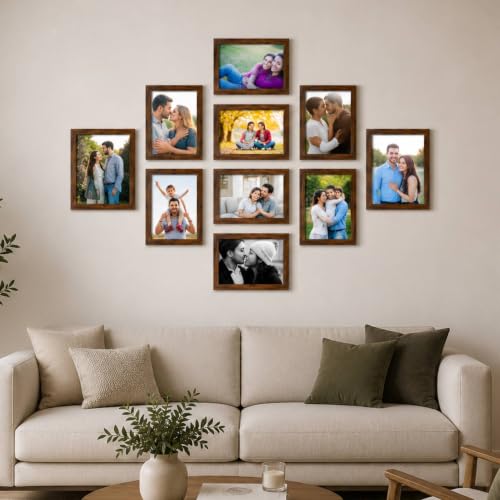 Image of Art Street Collage Photo Frame Set of 10 for Wall Decoration | Brown Synthetic Wood Frames | Family, Couple & Memory Gallery Wall Frame Set for Living Room, Bedroom & Hall