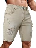 Picture of TUREFACE Mens Ripped Denim Jean Shorts Surper Stretchy Slim Fit Summer Tan Casual Denim Shorts with Pockets