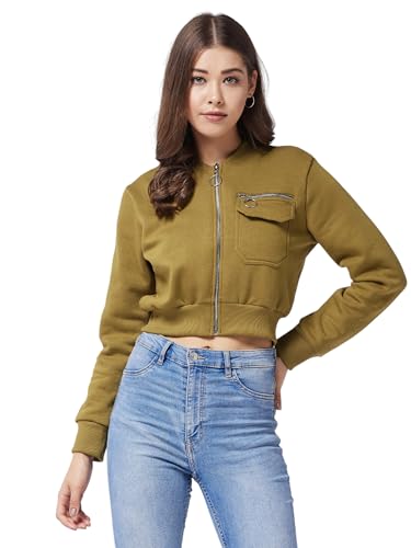 Image of Miss Chase Women's Off White V-Neck Full Sleeves Bomber Cropped Jacket