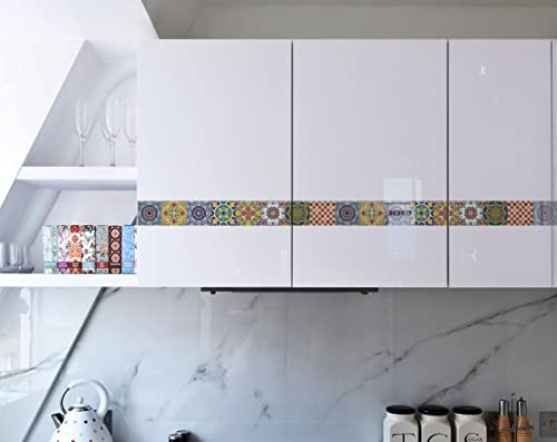 Image of WallDesign Spanish Glaze Tile Sticker - 30 Self - Adhesive Stickers For Cupboard, Panel, Cabinet, Furniture, Table, Glass, Wall - 4 In X 10 Ft Border, 304.8 Cm-Self-Adhesive