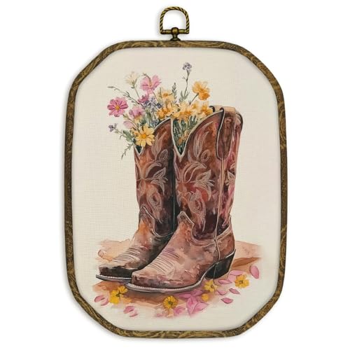 nvucamd Antique Western Cowgirl Wall Art Decor Framed, Rustic Preppy Western Octagon Canvas Prints Wall Art, Vintage Floral Cowgirl Brown Boots Hanging Decor for Girls Living Room Bedroom, 10.2x7In