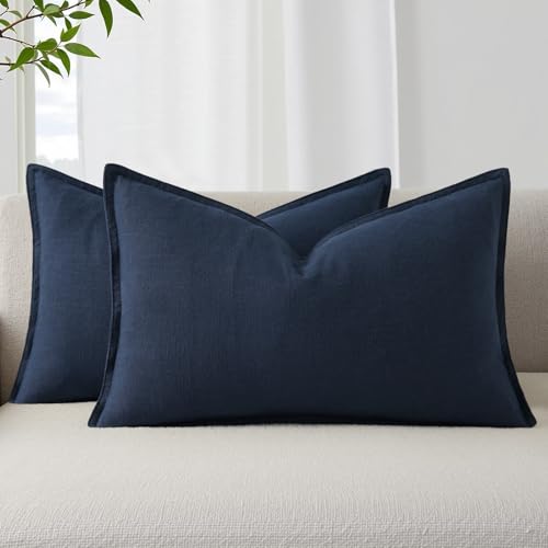decorUhome Fall Navy Blue Linen Throw Pillow Covers 12x20 Set of 2