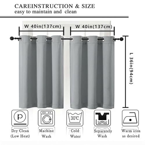 Image of Simplebrand Silver Grey Short Cafe Curtains 36 Inch Length 2 Panels Set, Half Window Grommet Privacy Drape Tiers for Kitchen, Thermal Insulated Room Darkening Curtains for Bathroom Shades, W40 x L36
