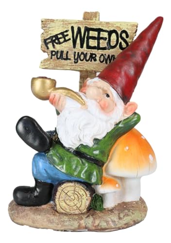 Ebros Gift Whimsical Festive Holiday Novelty Mr Gnome Grandpa Relaxing On Toadstool Mushrooms and Log by 'Free Weeds Pull Your Own' Yard Sign Figurine Travelling Gnomes DIY Fairy Garden Home Decor