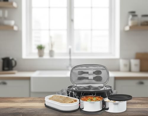 Image of Premium Insulated Lunch Box Set with 2 Steel Containers 280ml, Plastic Container 450ml, Cutlery, Blue Plaid Pattern Thermal Bag, Office Tiffin Box