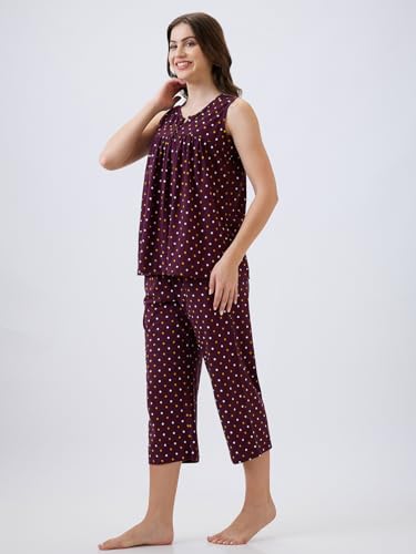 Image of AV2 Women's Cotton Printed Round Neck Sleeveless Night Suit Set | Capri Set | Casual Night Dress for Women