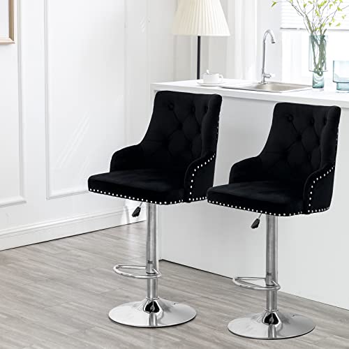 Bar Stool Set Of 2 Velvet Adjustable With Tufted Backrest, Counter Height Swivel Stool Upholstered Modern Barstool Chair Chrome Base For Kitchen, Home Bar, Dining Room, (Black) #TOP1