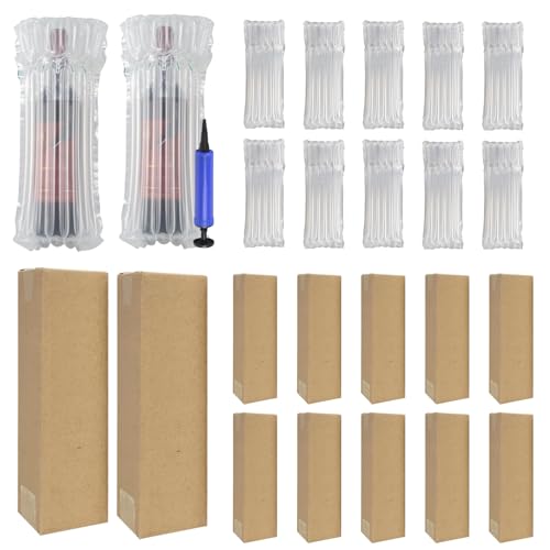 10 Sets Wine Bottle Travel Protector Bags with Inflatable Bubble Cushion Wrap for Glass Bottles, Air Column Packaging Sleeves, Corrugated Wine Box with Reusable Pump