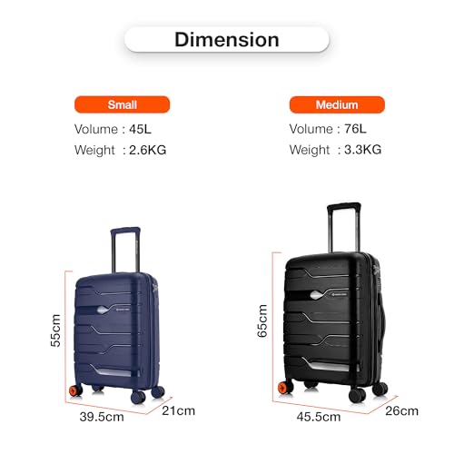 Image of Nasher Miles Paris Hard-Sided Polypropylene Luggage Set of 2 | 55cm & 65cm | 8 Wheels Double Spinner Small & Medium Trolley Bag for Travel | Suitcase (Navy Blue & Black)