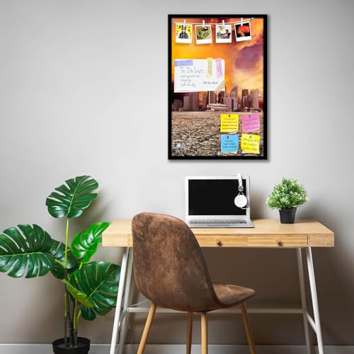 Image of ArtzFolio City Overlooking Desolate Desert | Bulletin Board Notice Pin Board | Vision Soft Board Combo with Thumb Push Pins & Sticky Notes | Black Frame | 12 x 18 inch (30 x 46 cms)