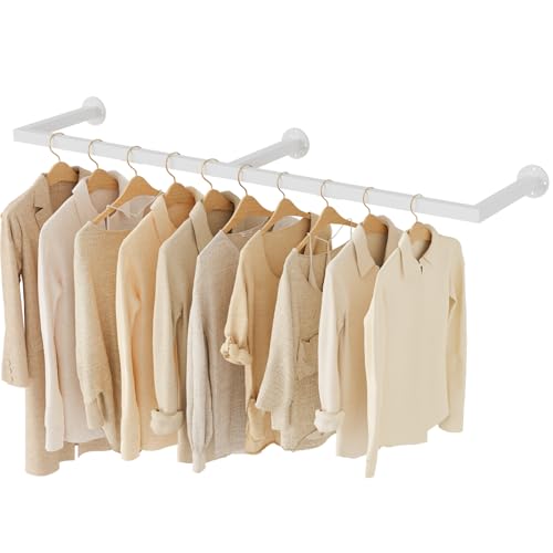 Yawinhe Industrieller Rohr Kleiderständer, 140cm Kleiderstangen Wandmontage, Abnehmbare Platzsparend Wand Kleiderstange, für Schlafzimmer, Weiß, mit 3 Basen, 1-Pack, SYJ140W-1