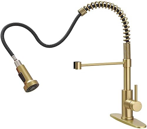 OWOFAN Kitchen Faucet, Kitchen Faucets with Pull Down Sprayer Sus304 Stainless Steel Industrial Single Handle One Hole Faucet for Farmhouse Camper Laundry Utility Rv Wet Bar Sinks Bushed Gold 9009J