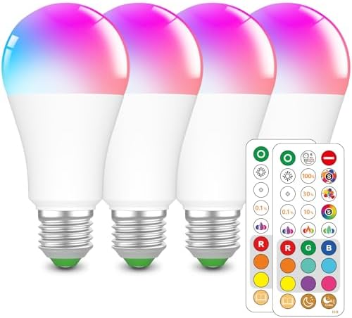 HYDONG LED Color Changing Light Bulb with Remote Control,RGB+1800K Warm Light Bulbs for Sleep,Blue Light Blocking,for Home Decoration,Bedroom,Livingroom 4 Pack