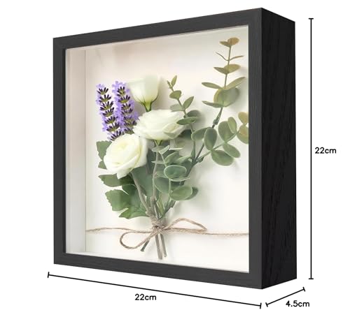 3D Bilderrahmen zum Befüllen 22 x 22cm, tiefer 3cm Holz Objektrahmen für Wand & Desktop, 3D Objektrahmen für Hochzeitsstrauß, DIY Kunstwerke & Bilderrahmen für Dekoration（Schwarz）