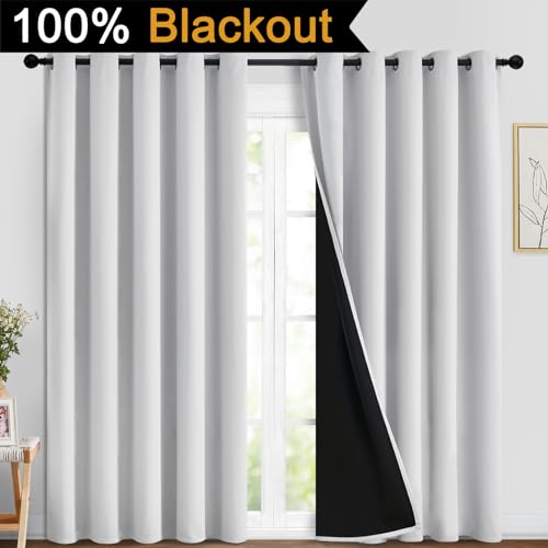 Image of Yakamok Greyish White 100% Blackout Curtains 84 Inches Long, 2 Thick Layers | Blackout Curtains for Bedroom /Living Romm Full Light Blocking Soft Thermal Insulated Drapes for Bedroom 70 inch Wide Each Panel