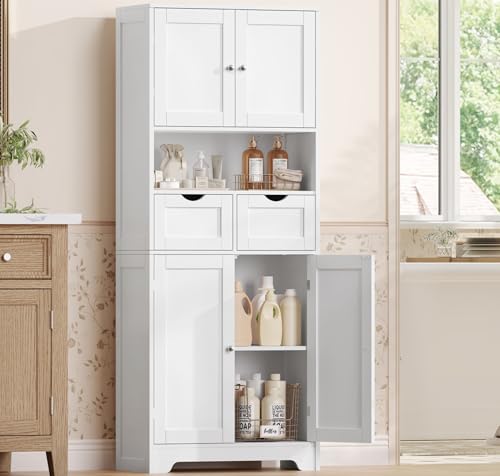 TEENFON Meuble de Salle de Bain avec 4 Portes, Armoire de Rangement Colonne avec 2 Étagères Réglables et 2 Tiroirs, 60x30x147 cm, Blanc