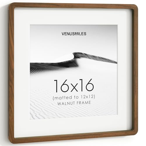Image of 16x16 Picture Frame, USA-Sourced Natural Walnut Wood Photo Collage Frame with HD Tempered Glass, 16 x 16 Wooden Frame Matted to 12x12, Gallery Wall Frames for Art