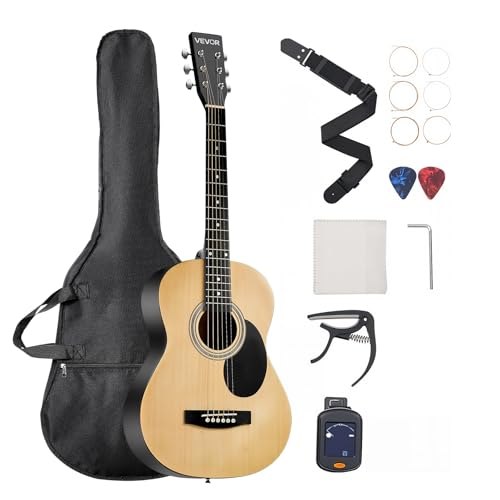 VEVOR Dreadnought-Akustikgitarre, 914,4 mm, Akustische Gitarre Set mit Gigbag, Stimmgerät, Gurt, Stahlsaiten, Plektren, Kapodaster, Palisandergriffbrett, für Anfänger mit kleinen Händen, Natur