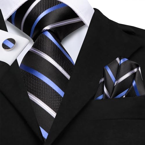 Image of Hi-Tie Silk Ties for Men Plaid Paisley Striped Necktie Pocket Square Cufflinks Set Formal Business