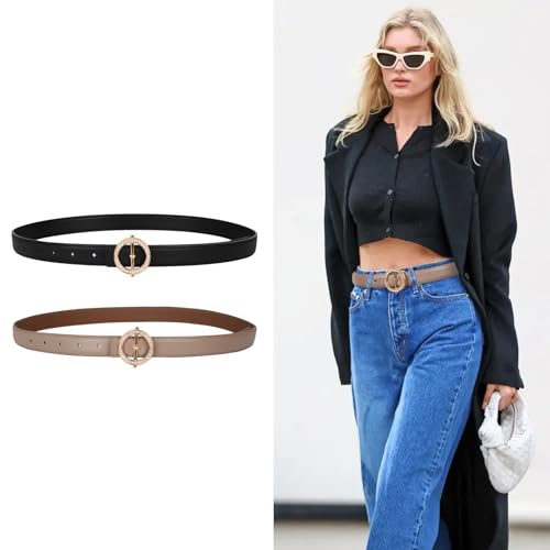 Image of Women's Fashion Classic Metal Buckle Leather Belt with Jeans Dress