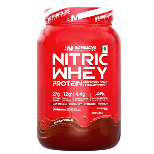 Image of Bigmuscles Nutrition Nitric Whey protein | 27g Isolate Whey Protein | ProHydrolase Enzyme Tech. for Faster Absorption & Lean Muscle Growth | Rich Chocolate | 36g (1 Serving)