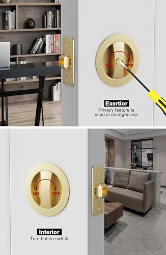 Image of goldenwarm Brushed Gold Pocket Door Lock, Zinc Alloy Gold Pocket Door Hardware(2-3 /8 inch Backset), Pocket Door Handles Round Pocket Door Locks for Bathroom for Closet Door Lock - 1 Pack