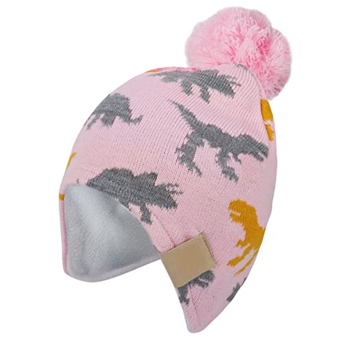 Kids Knitted Beanie - Dinosaur Toddler Earflaps Toddler Hat with Pompom Elastic Beanie Fleece Lining Toddler Winter Hat Boys Girls, Baby Pink, M