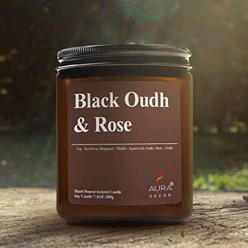 Image of AuraDecor Scented Jar Candle | Handpoured Soy Wax Candle with Long Lasting Burn Time | Premium Amber Jar Aromatherapy Candle | Ideal Gift for Home & Decor (Extra Large, Black Oudh & Rose)