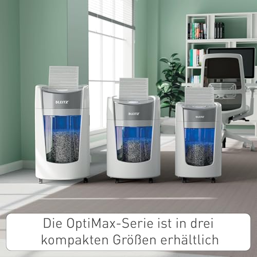 Leitz IQ Optimax Home Office 225 P5 Aktenvernichter, Mikroschnitt, Bis 6 Blatt 80 g/m², 45 Prozent mehr Volumen, 15 L Behälter für 225 x A4, Leiser Betrieb, 20 Min Laufzeit, Weiß, 83580000