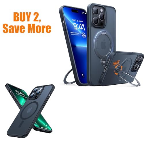 TORRAS 360° Spin Magnetic Ostand for iPhone 13 Pro Max Case, [Mil-Grade Drop Tested][Compatible with MagSafe][Built-in Rotatable Kickstand] Translucent Slim Back Soft Edge Anti-Fingerprint, Black