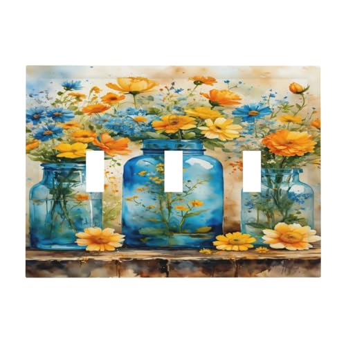 Decorative Switch Covers Plate Rustic Yellow Flowers Floral Blue Bottles 3 Gang Wall Plate Oversized Triple Toggle Light Switch Plate Jumbo Faceplate for Country Bedroom Home Decor