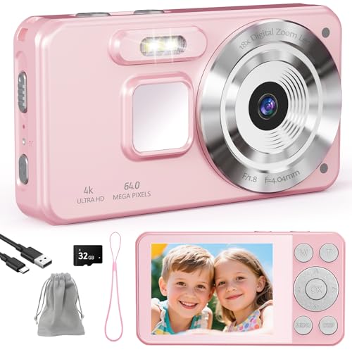 HERBYD Digitalkamera 4K Fotokamera 64MP Kamera Fotoapparat Tragbare Kompaktkamera mit 2,8' LCD Bildschirm, 18X Digitalzoom, 32GB SD Karte, 1 Schlüsselband für Kinder Teenager Anfänger (Rosa)