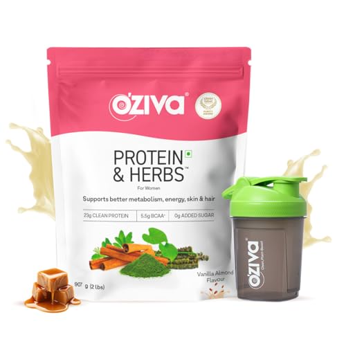 Image of OZiva Protein & Herbs for Women (Vanilla Almond) I Manage Weight, Energy & Metabolism | Clean Protein, Shatavari, Green Tea I No Added Sugar, 2lbs with Shaker