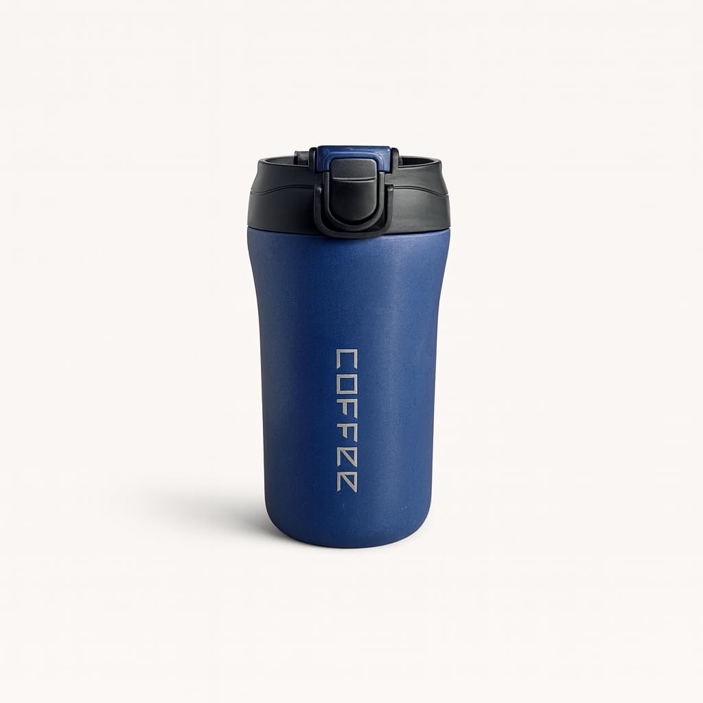 YELONA 400ML Dual Drink Vacuum Insulated Tea Coffee Tumbler Flask with Silicon Straw Lock Sip Lid Anti Spill Stainless Steel Travel Mug for Hot Cold Beverages - Blue