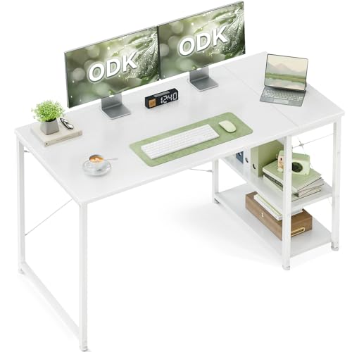 ODK Bureau avec Rangement, 120x48cm Bureau d'ordinateur avec étagère réglable en Hauteur et réversible, Table Informatique Stable pour télétravail Gaming...