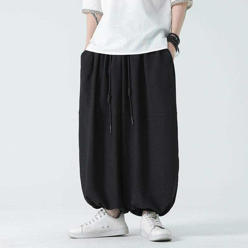 Men's Spring Summer Chinese Style Faux-Linen Vertical Stripes Loose Harem Trendy Lantern Long Pants3