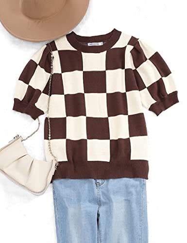 Image of Womens Puff Short Sleeve Sweater Tops Crewneck Basic Knit Pullover Lightweight Casual Sweaters