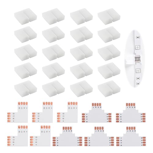 30 PCS Connecteur Ruban LED 4 Pins 10 MM pour Ruban LED RGB 5050, avec 5 Connecteurs En Forme De L 5 Forme T Installation Facile Connecteurs Sans Soudure pour...